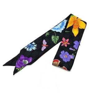 GUCCI 761704 GG Flora Print Neck Bow Scarf/Muffler in Silk, Black, Women's